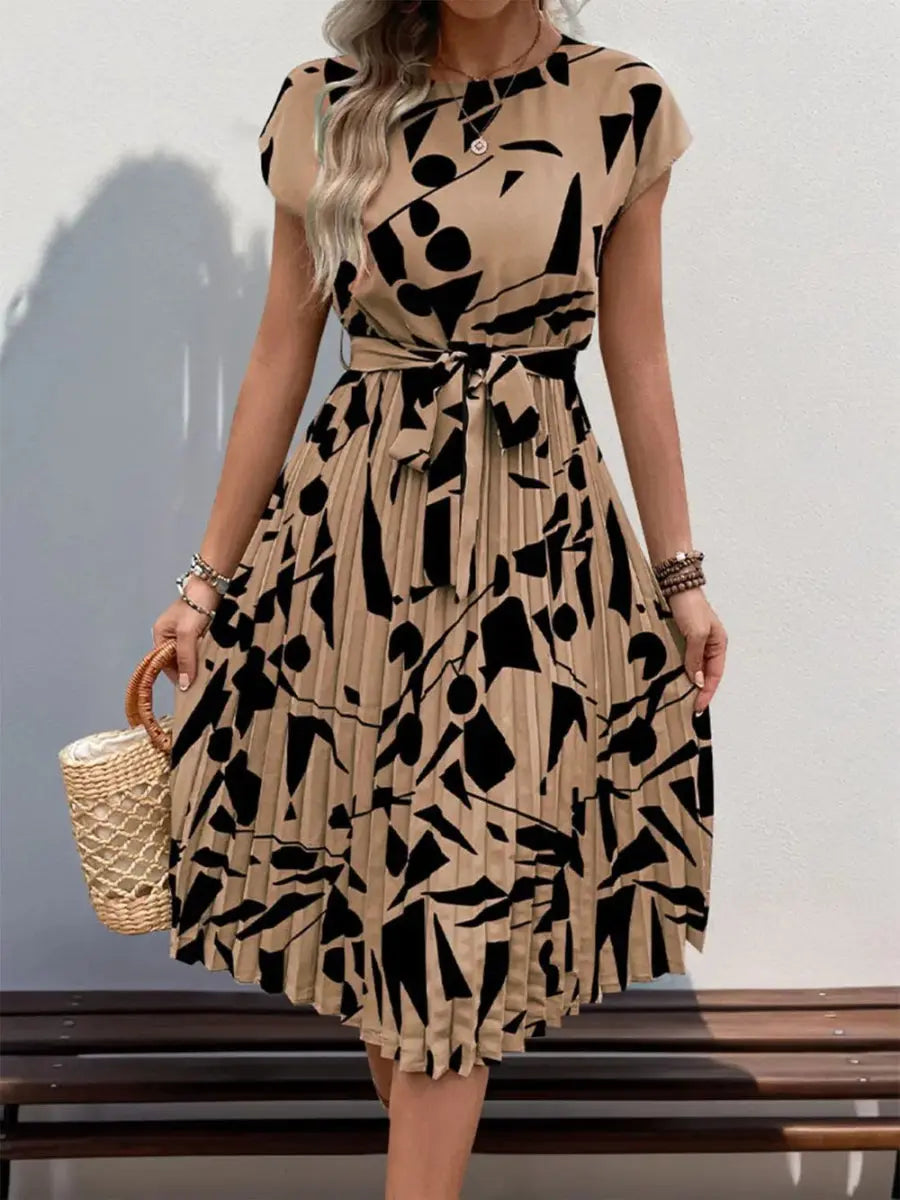 Perfee Tied Pleated Printed Cap Sleeve Dress for Women - Love Salve